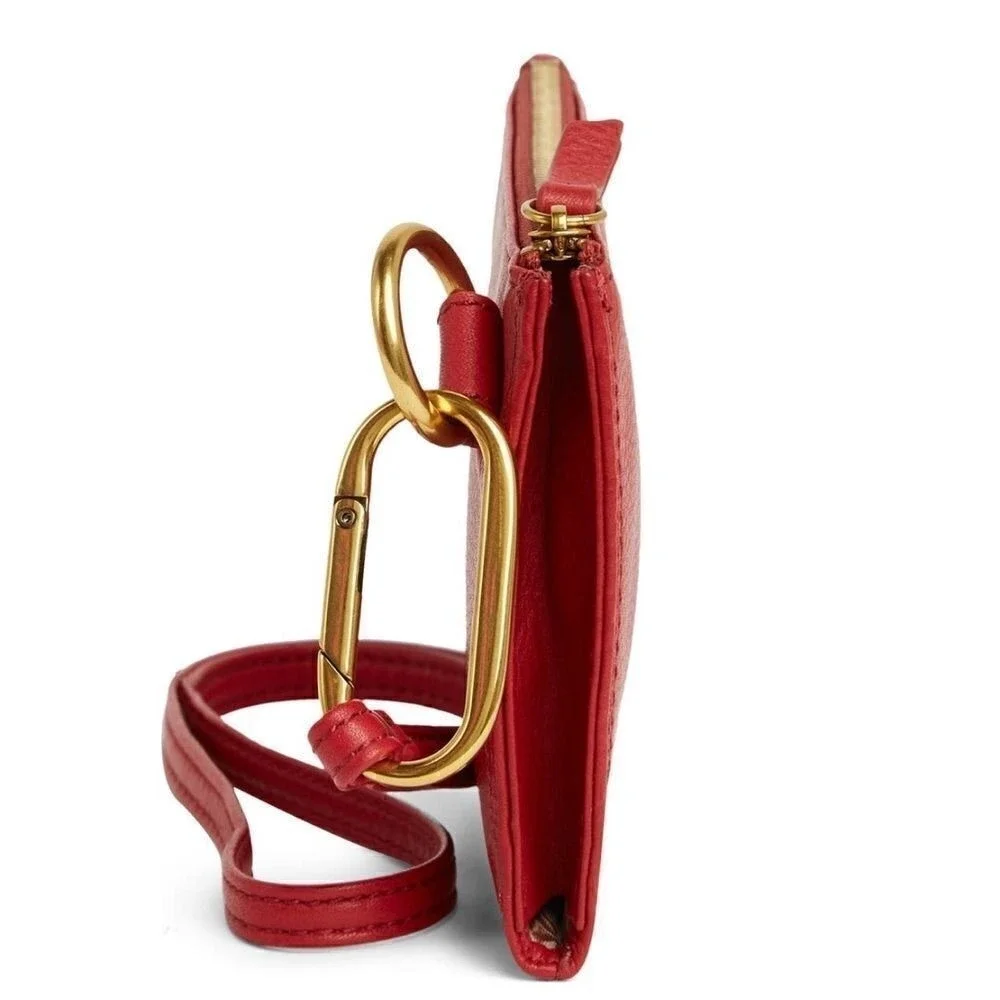 HOBO GO Tour Leather‎ Zip Pouch Bag, Wristlet, with Lanyard, Red/Gold, NWT
